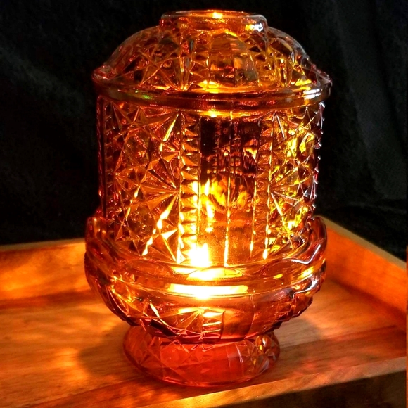 Indiana Glass Other - Vintage Large Amber Stars & Bars Fairy Lamp, Indiana Glass Tea Light Candle 7”